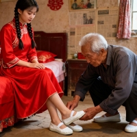 【布鞋币AI】农村婚房年轻姑娘新娘妆穿白一带布鞋被老头把玩45P