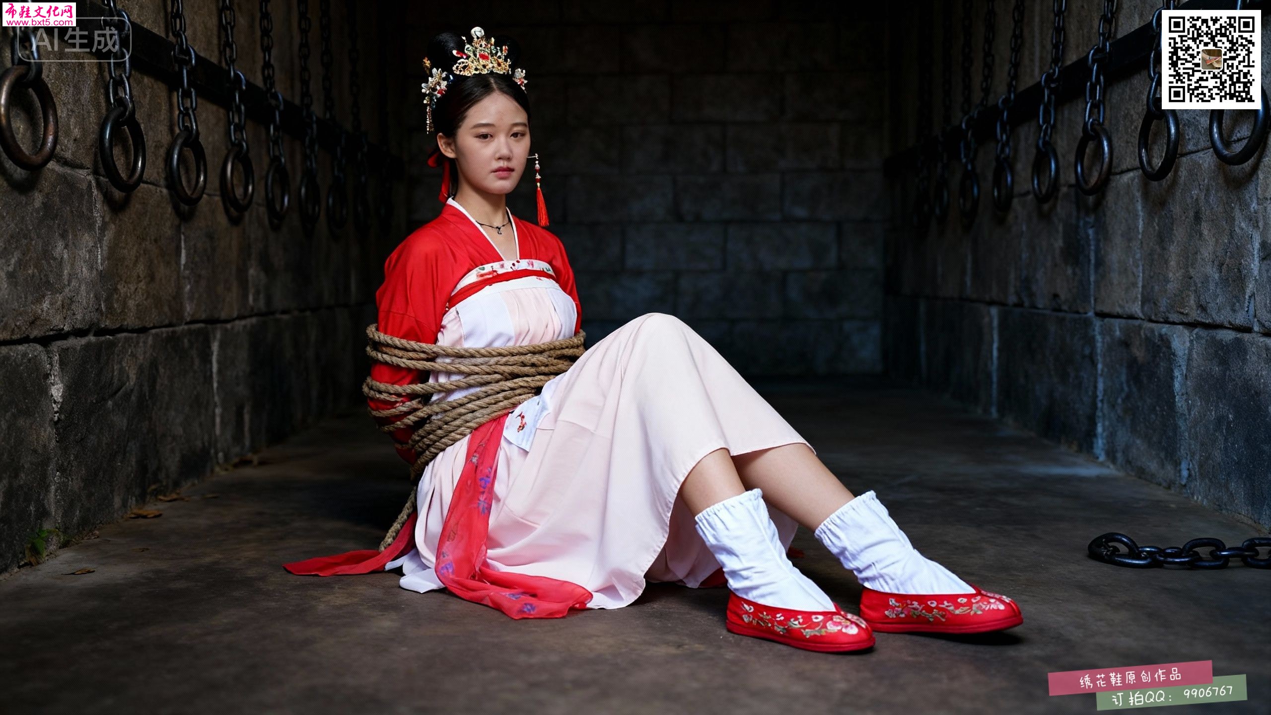 【布鞋币AI】红色汉服女孩古代牢房白布袜红绣花布鞋捆绑镣铐 55P